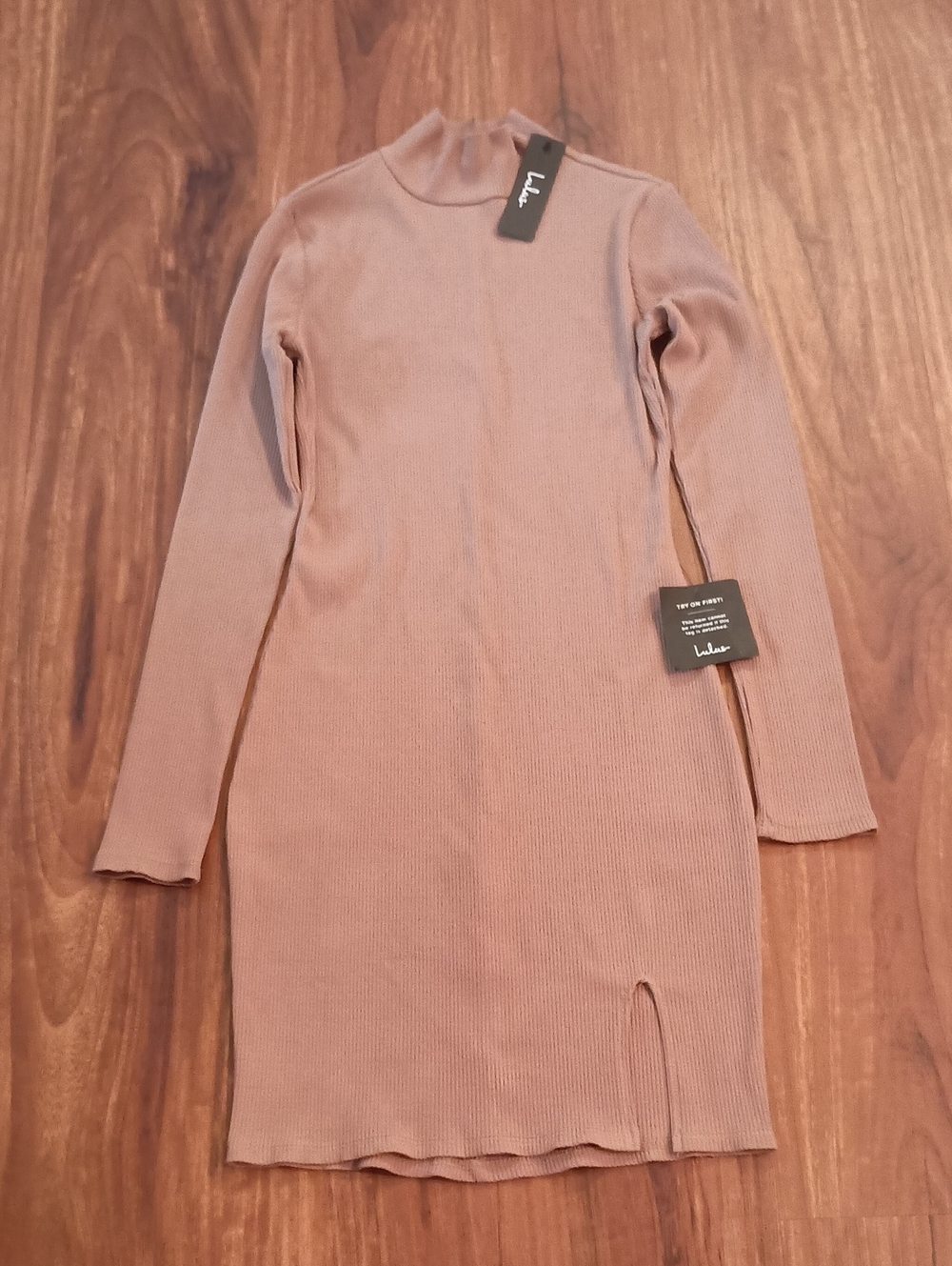 Lulus Ribbed Long Sleeve Mock Neck Dress in Taupe